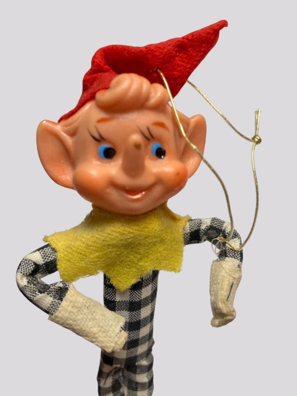 Vintage Elf Ornament With Red Felt Hat & Gingham Outfit Poseable Arms & Legs Mid